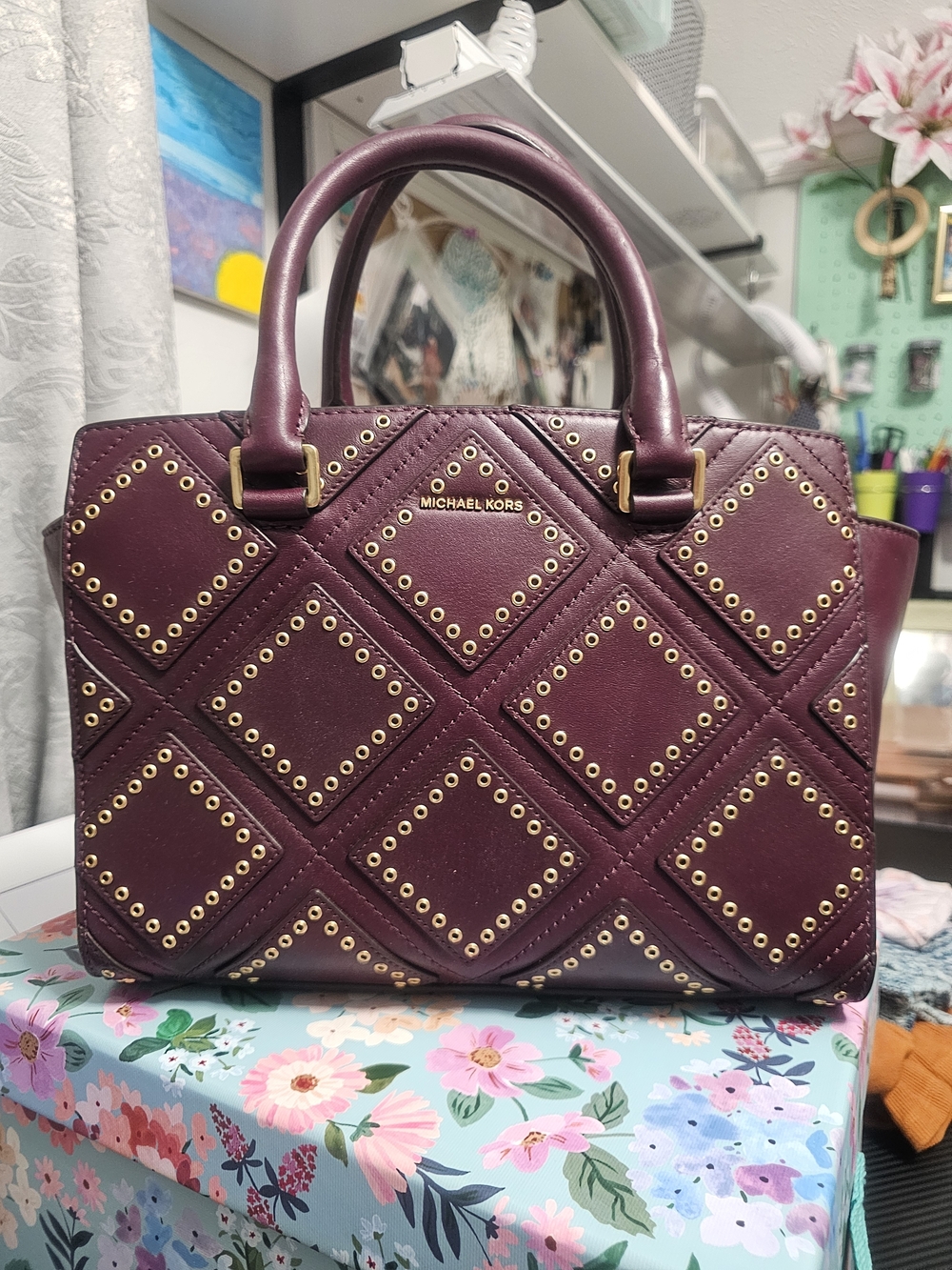 Michael Kors Selma Medium Diamond Grommet Leather Satchel